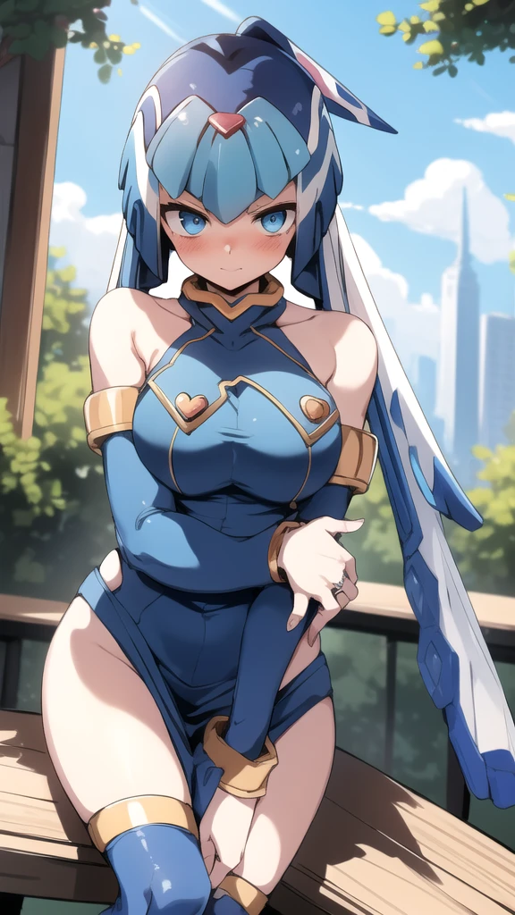 Leviathan_Megamanz, 1 Girl, looking at viewer, blue hair, Blue eyes, Tree background , Blushed , Dress , Wedding ring, Leaning on a table , Glasses , sharped Heart Eyes, Torn clothes 