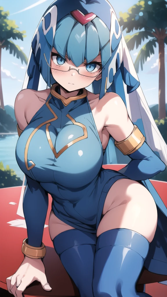Leviathan_Megamanz, 1 Girl, looking at viewer, blue hair, Blue eyes, Tree background , Blushed , Dress , Wedding ring, Leaning on a table , Glasses , sharped Heart Eyes, Torn clothes 