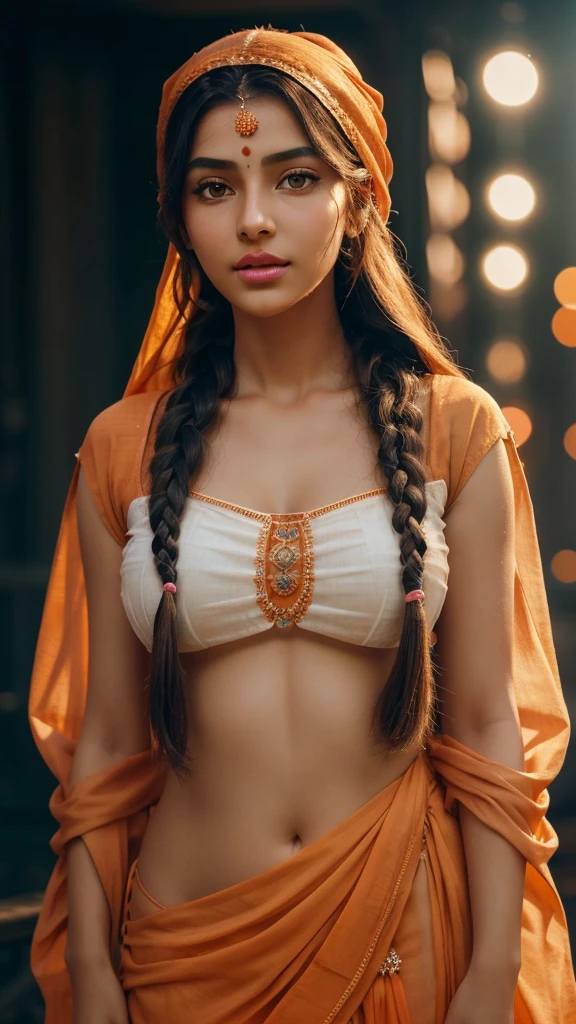 Beautiful girl, 25yo girl, beautiful orange kurti dress, covering her body with transparent chunari, (orange bindi on head), dur daytime, yamamura, calm and cool, Detailed body, ((white skin)), Detailed face, ((orange eye)), (glowing pupils), ((pink lips)), sharp nose, shiney body, Gorgeous, A hyper-realistic, Charming, beautiful, Long braided hair, Ambient lighting, Foggy, Winters, Detailed background, Volumetric lighting, Shadow, 8K