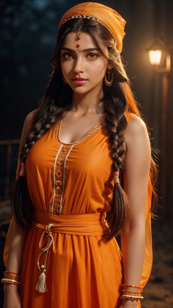 Beautiful girl, 25yo girl, beautiful orange kurti dress, covering her body with transparent chunari, (orange bindi on head), dur daytime, yamamura, calm and cool, Detailed body, ((white skin)), Detailed face, ((orange eye)), (glowing pupils), ((pink lips)), sharp nose, shiney body, Gorgeous, A hyper-realistic, Charming, beautiful, Long braided hair, Ambient lighting, Foggy, Winters, Detailed background, Volumetric lighting, Shadow, 8K