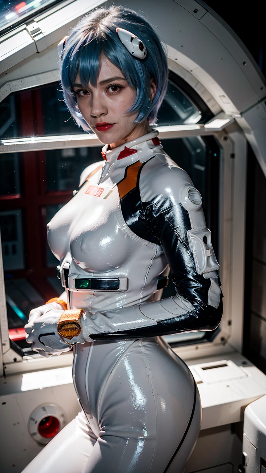 (masterpiece), (best quality), (red eyes), (epiCRealLife), (red lipstick), (j4nu4ryj0n3s) (young woman), (European Model), (Plugsuit), (ayanami_rei plugsuit), interface headset, white bodysuit),(white gloves) (red eyes), (blue hair), (medium breasts),(flash photography), (natural lights), (ample lights),( light smile), (pose for picture), (white gloves), (light smile), (in a spaceship room), (from side), (lying on the bed), (space station interior), (window), (spaceship cockpit), (galaxy scenery) 