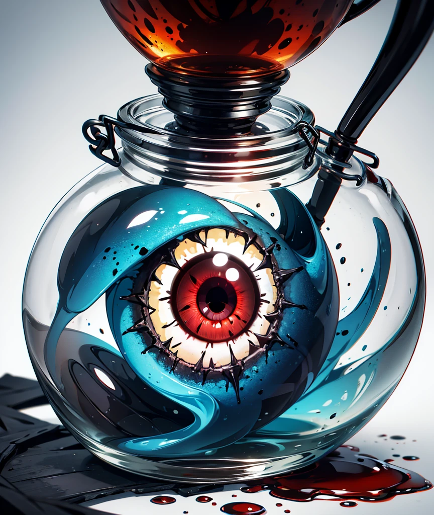 a glass jar filled with eyeballs, blood,
