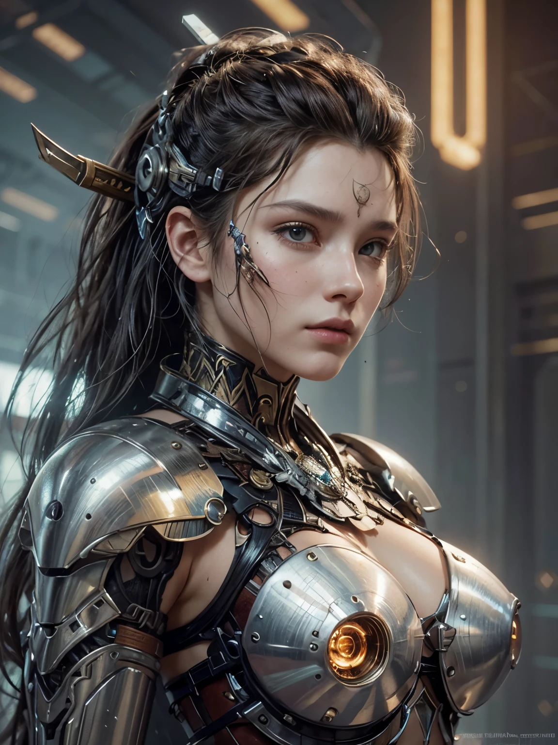 Tcyberpunk portrait of a female as a warrior cyborg, diffuse lighting, fantasy, intricate, elegant, highly detailed, lifelike, photorealistic, digital painting, artstation, illustration, concept art, smooth, sharp focus, art by john collier and albert aublet and krenz cushart and skunkyfly and alphonse mucha