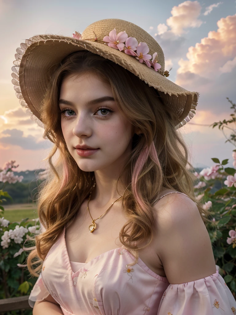 Masterpiece, Best quality, high resolution, realistic , hyperrealism , lifelike photography ,1950s, portrait position, alluring beautiful full body shot, (curly blondish brunette long hair, blue cat-shaped eyes), white skin with freckles, beautiful pink flower hat, beautiful period dress with flower embroidery and details , beautiful golden  necklaces & bracelets, elegant bearing, beautiful landscape background of a rose & lilac & orchid garden, high budget , beautiful mesmerizing face and small nose, long and curly sparkling hair , holding a beautiful orange stray cat , clivage , sunset , pink clouds , yellowish red rays at the horizon, elegant posing, beautiful legs, fit body, gorgeous Russian woman