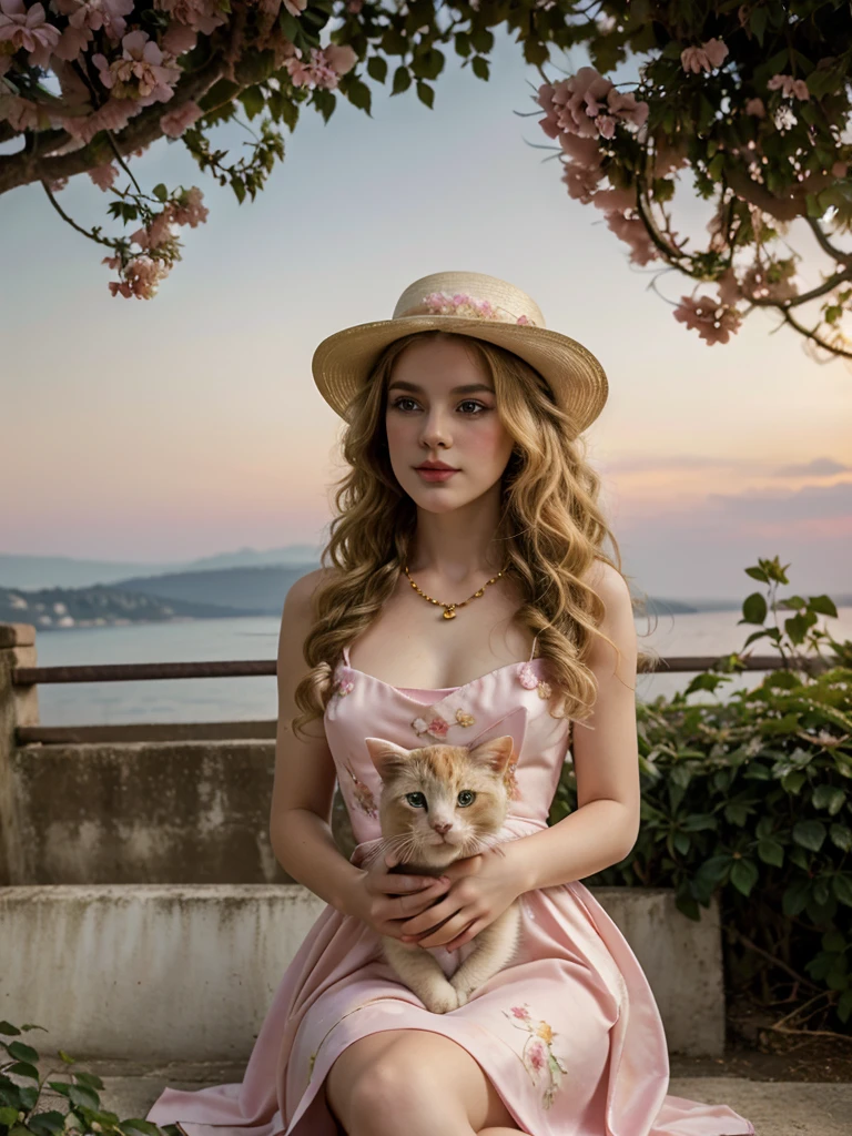 Masterpiece, Best quality, high resolution, realistic , hyperrealism , lifelike photography ,1950s, portrait position, alluring beautiful full body shot, (curly blondish brunette long hair, blue cat-shaped eyes), white skin with freckles, beautiful pink flower hat, beautiful period dress with flower embroidery and details , beautiful golden necklaces & bracelets, elegant bearing, beautiful landscape background of a rose & lilac & orchid garden, high budget , beautiful mesmerizing face and small nose, long and curly sparkling hair , holding a beautiful orange stray cat , clivage , sunset , pink clouds , yellowish red rays at the horizon, elegant posing, beautiful legs, fit body, gorgeous Russian woman