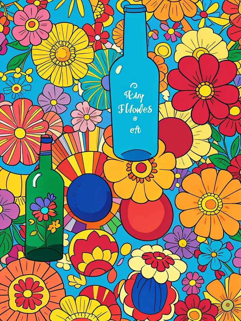 Colorful doodle of many bottles flowers and clowns, cartoon illustrated style 