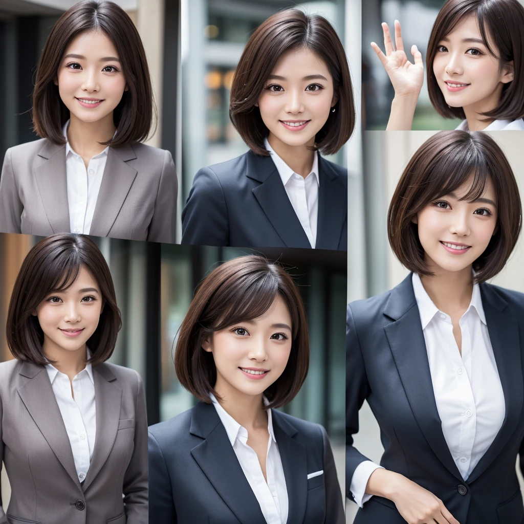 Multiple Angle Aster Pieces, Highest quality, Highest Resolution、Very detailed, 8k, Very detailedな), (RAW Photos:1.2)(Natural skin texture,Detailed skin, Ultra-realistic、Ultra Sharpness),Exquisite details,Depth of written border, Bright lighting、 Blake Gorgeous young Japanese woman, big, Clean and well-equipped office、Stand and look down、Attractive pose、Raise one hand、View Photographer、(Colorful casual business suits)、(Black brown hair、Short Bob)、((A dishonest smile))、Shot from an angle looking up from below