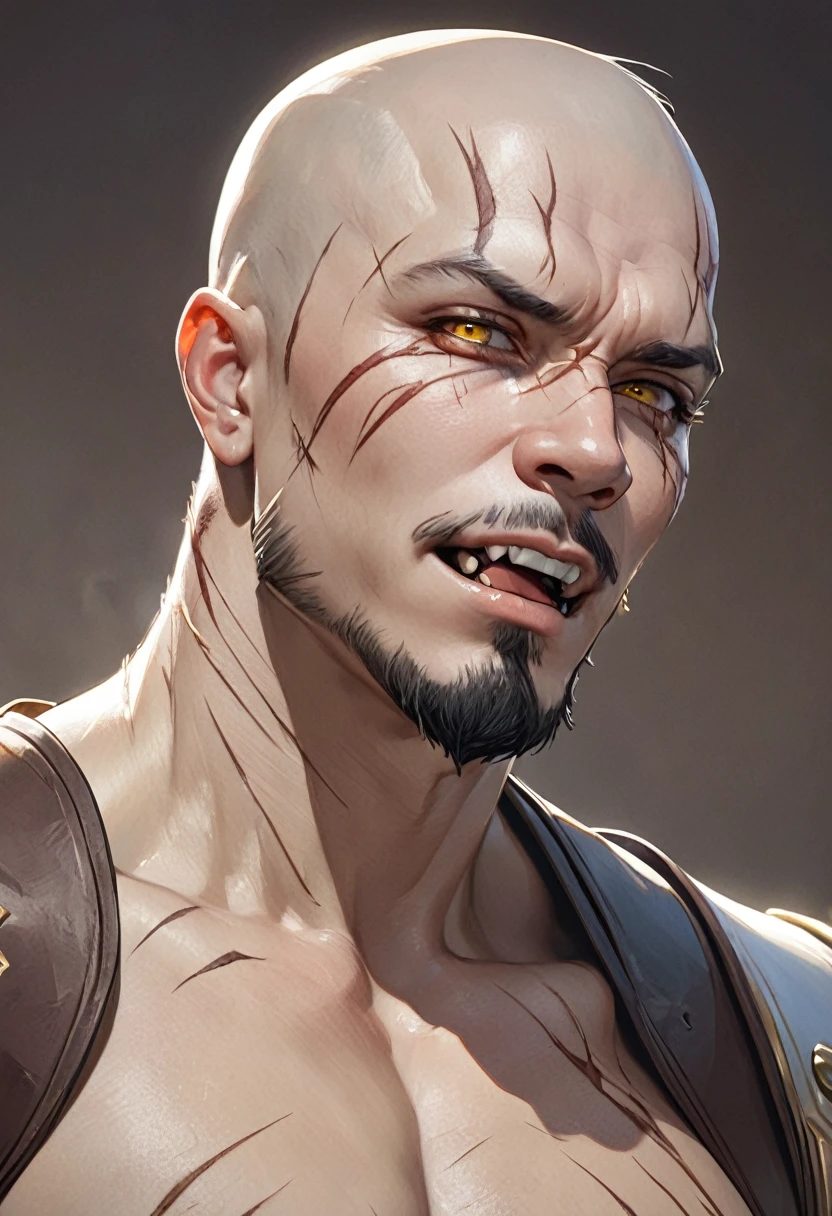 masterpiece, Best quality, A high resolution, fantasy, adult man person thin, shows sharp fangs, brunette with short hair and shaved temples, with scars on the body and face, with yellow eyes with a vertical pupil, with a goatee, but without a mustache