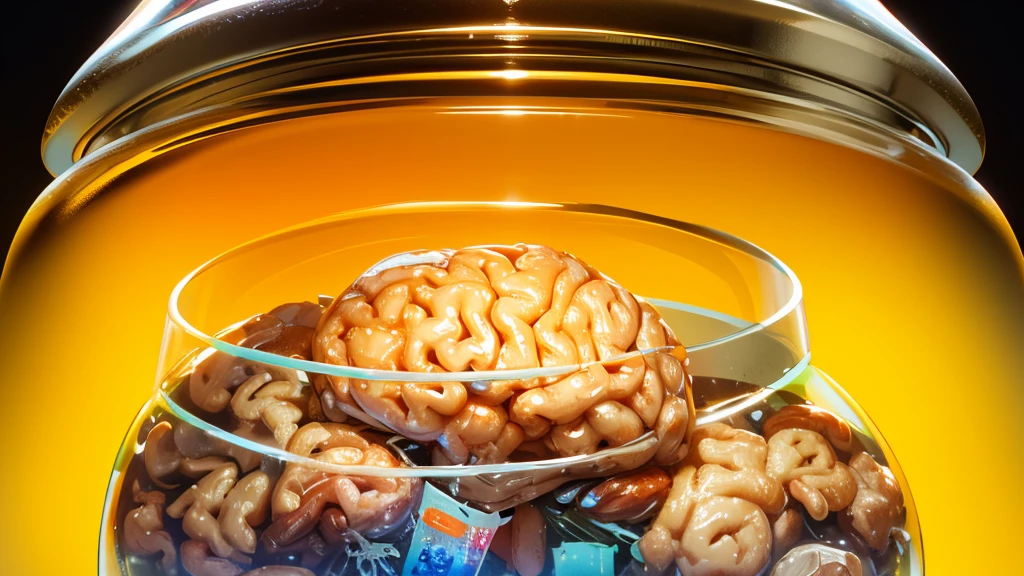 human brain stored in a glass jar, in a canibal store