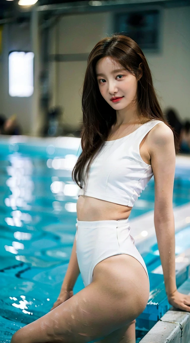 ((Best image quality)、Korean 20 years old, Private luxury mansion,nfsw, high resolution, Natural and smooth implementation, head and body balance、perfect body beauty:1.4、slim、thin legs、((dark brown hair、very :1.2)), naked, wearing only a swimsuit, very 상세한 얼굴 및 피부 질감、eye for detail、shy smile、with legs spread、variety of swimsuits , lighting areola、Aiming to become a gravure idol、top quality、reality、 exposed groin、cute appearance、angle from below、small ass、K-pop makeup、embarrassed expression、thin waist, White and clear skin, cute belly fat, chubby, Narrow pelvis,  Slander type, private swimming pool, Popular hairstyles for long hair, skinny body type, young body type, Small pelvis, small shoulder, 