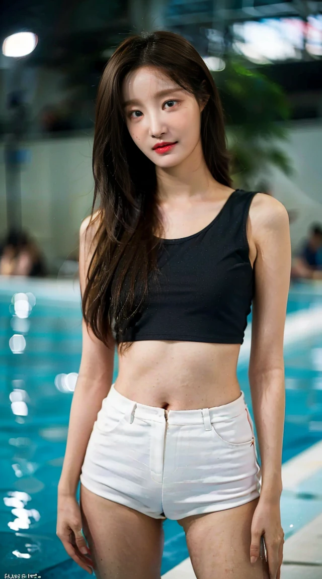 ((Best image quality)、Korean 20 years old, Private luxury mansion,nfsw, high resolution, Natural and smooth implementation, head and body balance、perfect body beauty:1.4、slim、thin legs、((dark brown hair、very :1.2)), naked, wearing only a swimsuit, very 상세한 얼굴 및 피부 질감、eye for detail、shy smile、with legs spread、variety of swimsuits , lighting areola、Aiming to become a gravure idol、top quality、reality、 exposed groin、cute appearance、angle from below、small ass、K-pop makeup、embarrassed expression、thin waist, White and clear skin, cute belly fat, chubby, Narrow pelvis,  Slander type, private swimming pool, Popular hairstyles for long hair, skinny body type, young body type, Small pelvis, small shoulder, 