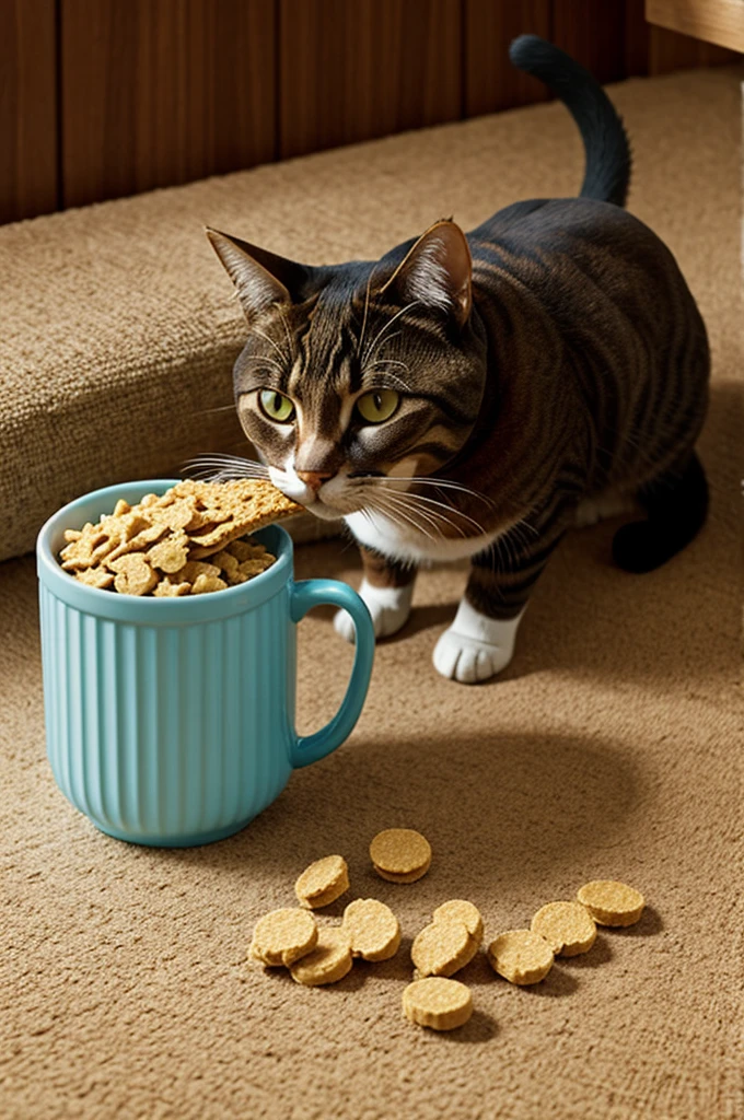 Un gato comiendo cereal realista
