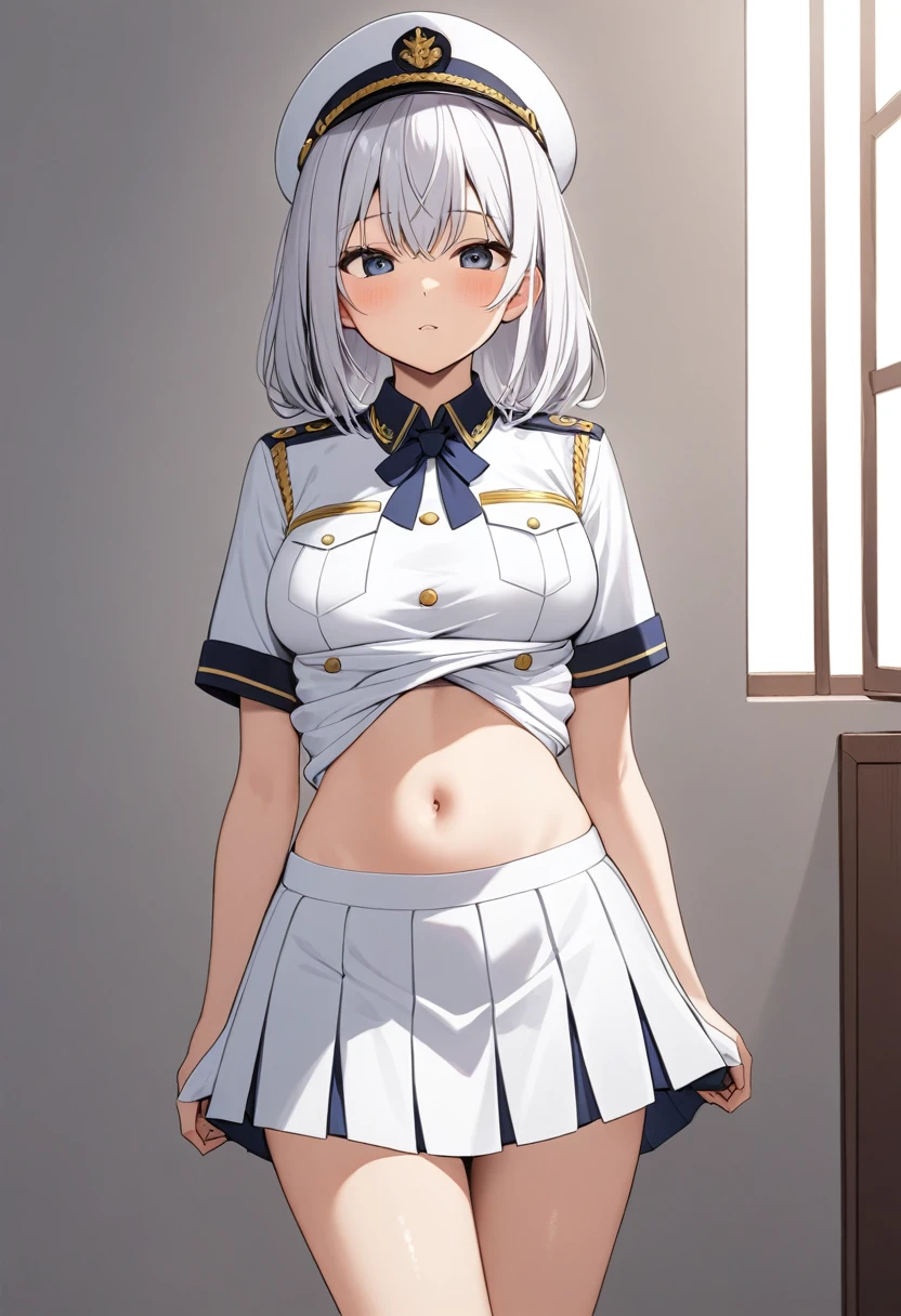Shirt lift navel showing,white uniform,skirt, standing,girl,