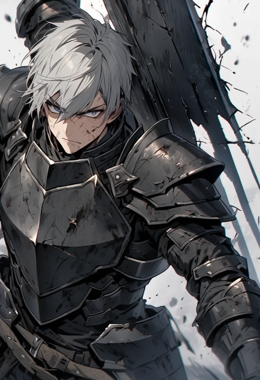 Man with long grey hair　28 years old　Hold a large sword　Black armor is dirty and cracked　