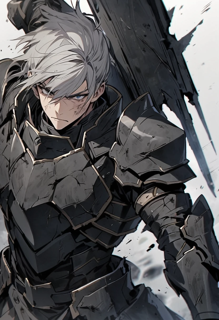 Man with long grey hair 28 years old Hold a large sword Black armor is dirty and cracked