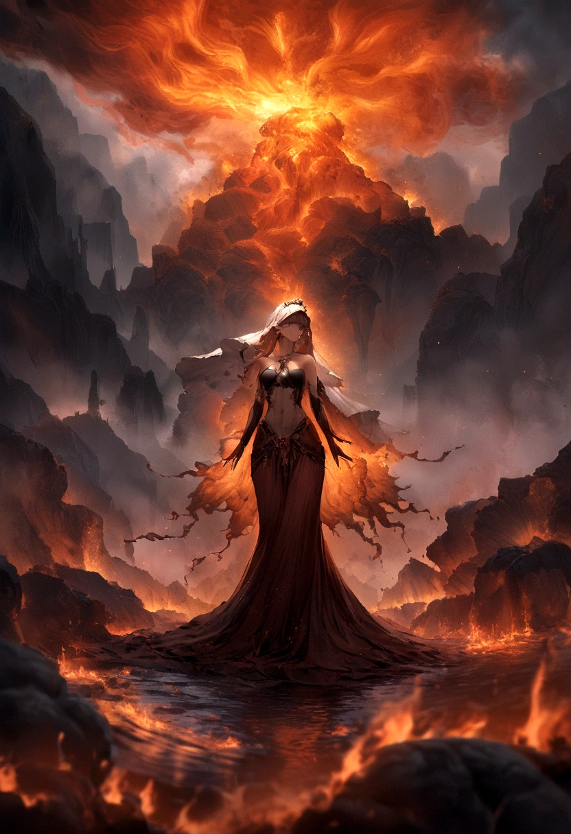 a metix sorceress submerged in a flamepit, veil, the flames do not consume her, her body is enveloped and flow through by flame jets, flames as hair, she dissolves into particles, infernal hot and intense scenery, swirl, smoke, volcanic eruption, mysterious cave, Hyperdetailed Photography, cinematic, best quality, ultra-detailed