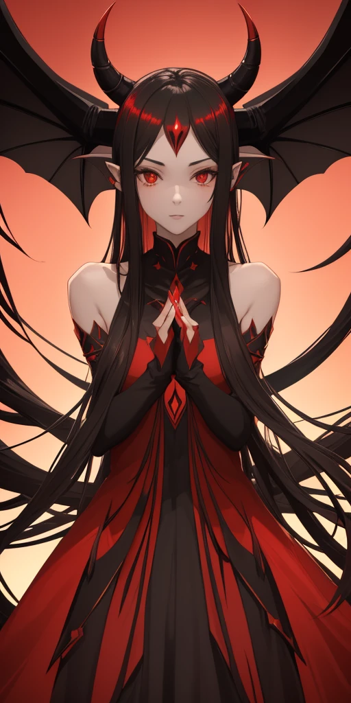 A black and red dragon girl with long, slender ears, two horns on her head, spreading her wings and casting spells.