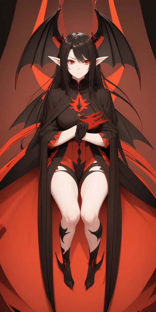 A black and red dragon girl with long, slender ears, two horns on her head, spreading her wings and casting spells.