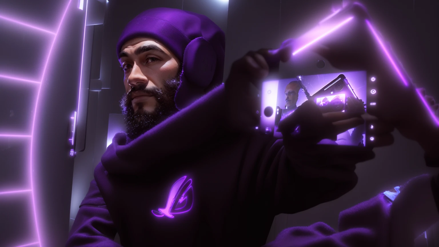 arafed man holding up a cell telefone with a purple logo, imagem de qualidade muito baixa, holding a very advance telefone, viseira oled brilhante, Fotografia selfie 8k, telefone!! segurado na viseira, he is holding a smarttelefone, reflection of telefone in visor, low quality video, foto do perfil 1024px, holding a pair of fans. Irreal 5