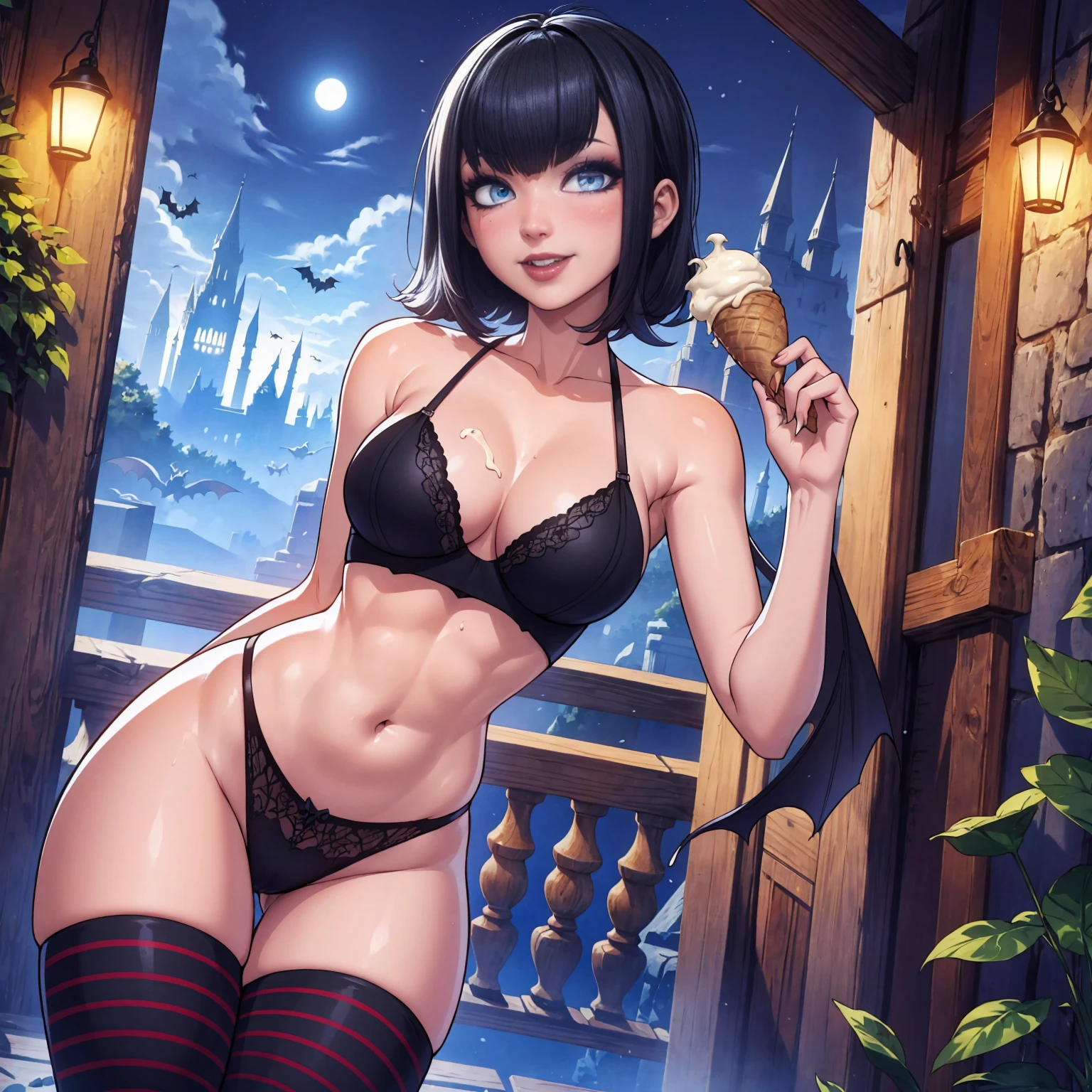 mavis dracula, ((short black hair, bangs, glowing blue eyes, makeup, narrow waist, skinny, medium breasts, striped thighhighs)), pelvic curtain, ((black panties, black bra)), full body, perfect body, (insanely detailed, beautiful detailed face, masterpiece, best quality) , (((solo))), (((1girl))), (((mature))), (extremely detailed 8k paper CG wall unit: 1.1), (cemitery, garden, night, night, bats on sky, castle), (smile evil face for the viewer), , hand up, ice cream, holding ice cream, mouth open, tongue out, licking