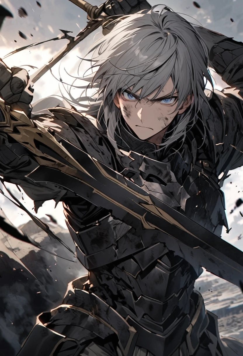 Man with long grey hair　28 years old　Hold a large sword　Black armor is dirty and cracked　