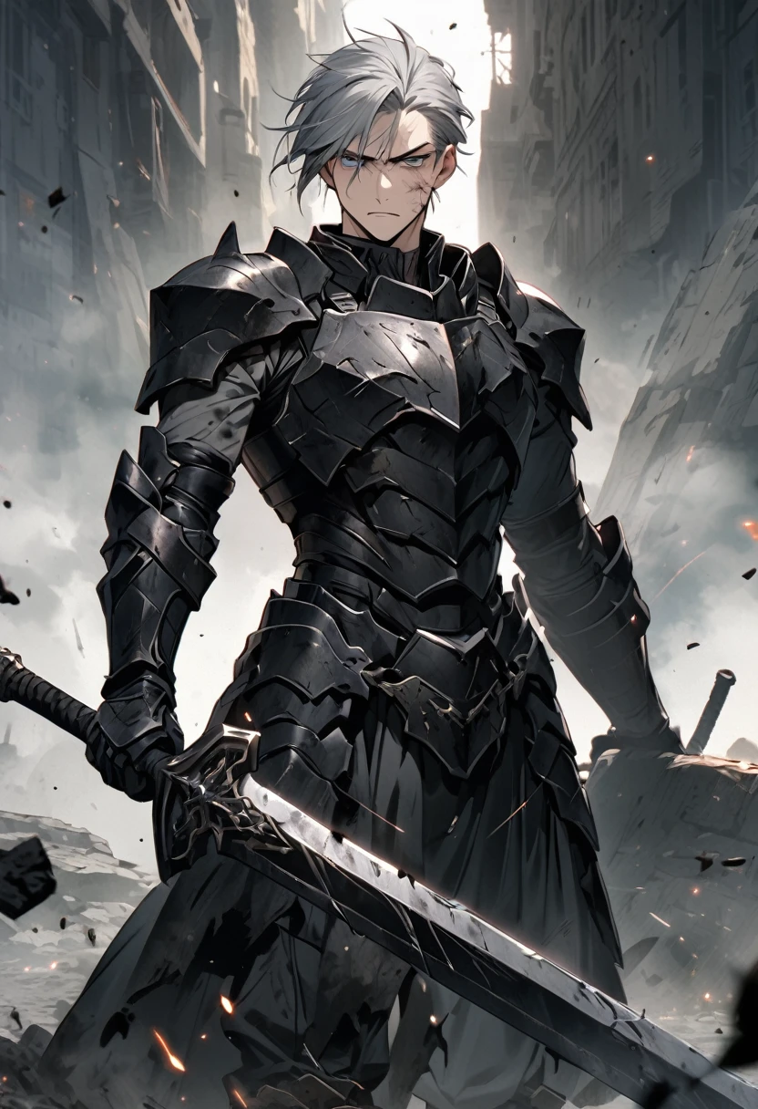 Man with long grey hair 28 years old Hold a large sword Black armor is dirty and cracked
