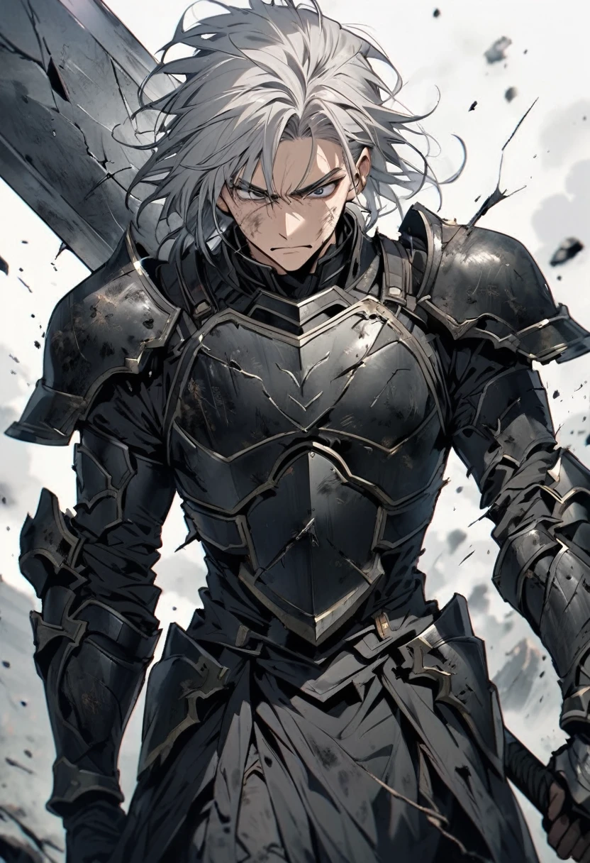 Man with long grey hair 28 years old Hold a large sword Black armor is dirty and cracked