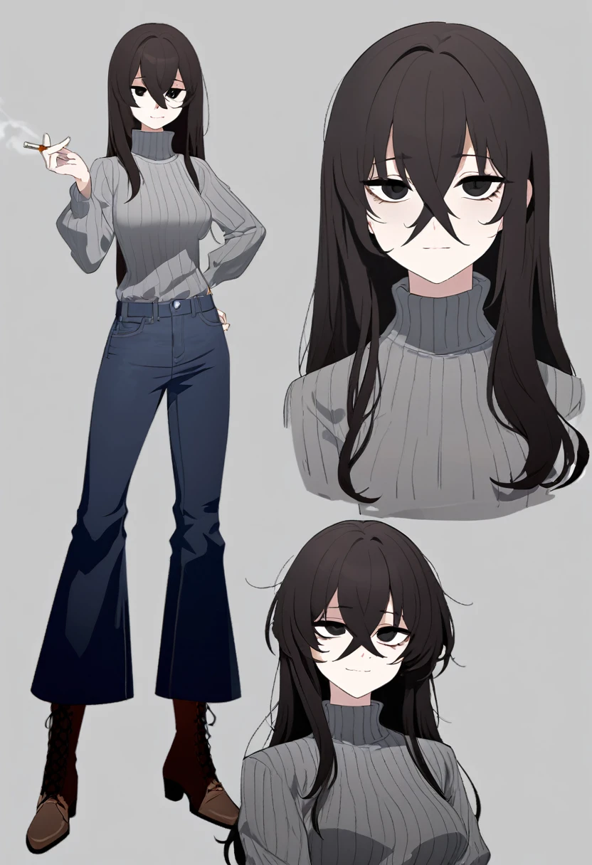 One Woman,Downer,older sister,Concept Art,Dark brown hair,Straight hair with slight inward curls,Staring eyes,Eye Ridge,black eye,Crossed bangs,whole body,smile,Slightly larger breasts,Gray background,Bangs that reach down to the eyes,Messy hair,Tight dark jeans,Gray turtleneck sweater,Multiple views of the same character,Character Design,Dark circles under the eyes,Bad look,Listless,Sloppy,Silver Jewelry,Cafe staff,Holding a cigarette,whole bodyCharacter Design,Detailed hands,Height: 170cm,boots,Fleshy body,