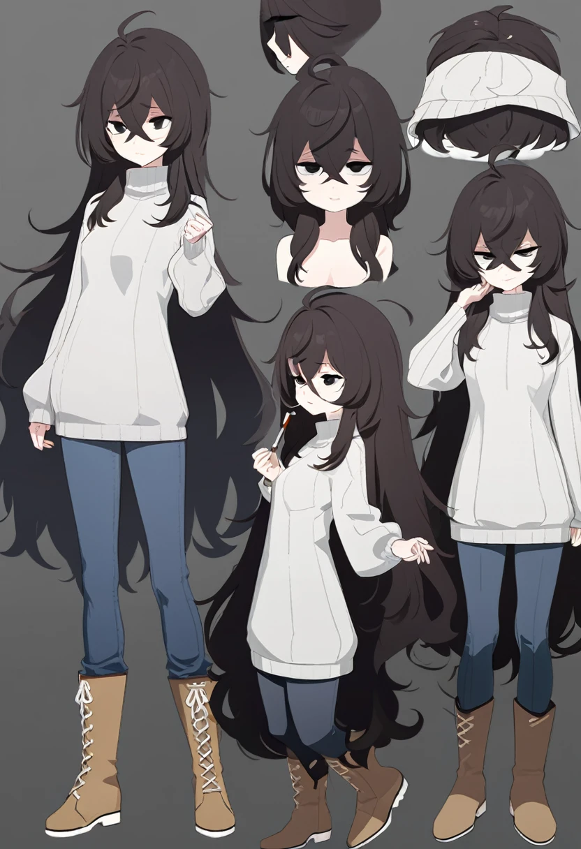 One Woman,Downer,older sister,Concept Art,Dark brown hair,Straight hair with slight inward curls,Staring eyes,Eye Ridge,black eye,Crossed bangs,whole body,smile,Slightly larger breasts,Gray background,Bangs that reach down to the eyes,Messy hair,Tight dark jeans,Gray turtleneck sweater,Multiple views of the same character,Character Design,Dark circles under the eyes,Bad look,Listless,Sloppy,Silver Jewelry,Cafe staff,Holding a cigarette,whole bodyCharacter Design,Detailed hands,Height: 170cm,boots,Fleshy body,