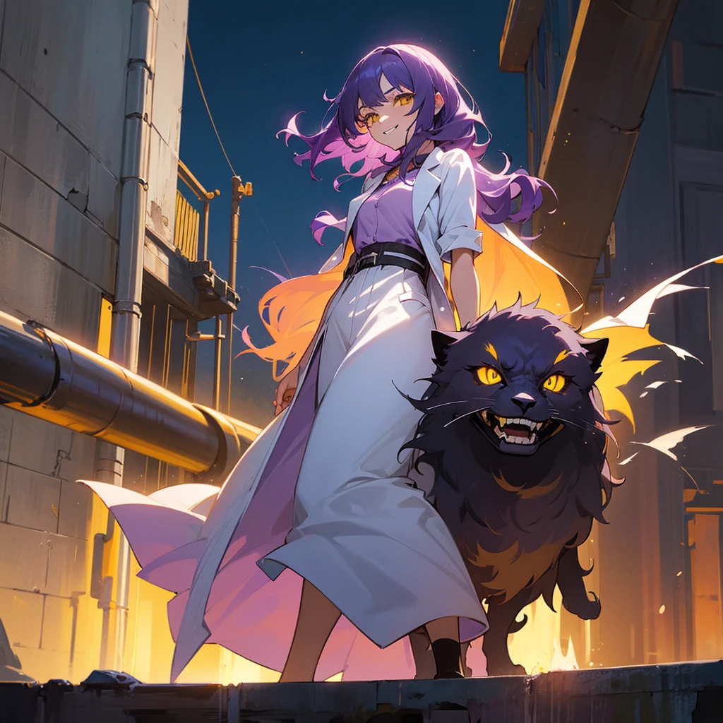 1female, young adult, finely detailed yellow eyes, wavy medium hair, purple hair, casual clothing, lab coat, standing on ruined building, night time, evil smile expression, excited expresion, scars