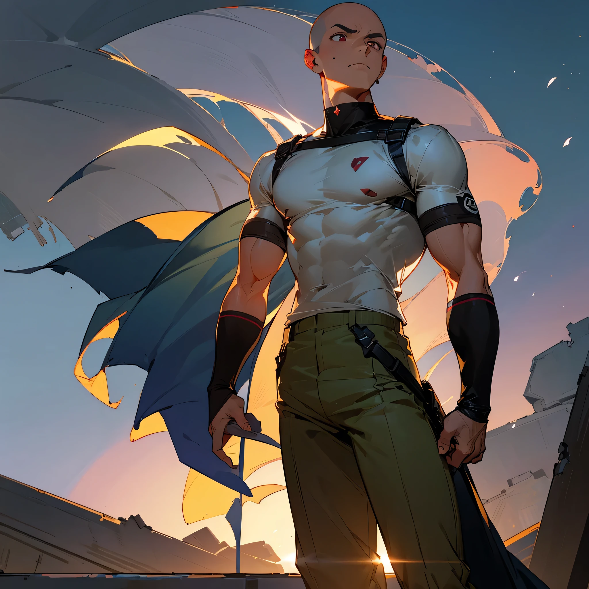 1male, adult, tan skin, finely detailed rose eyes, bald, casual clothing, army combat pants, compression shirt, arm band, standing on ruined building, night time, serious expression, muscular