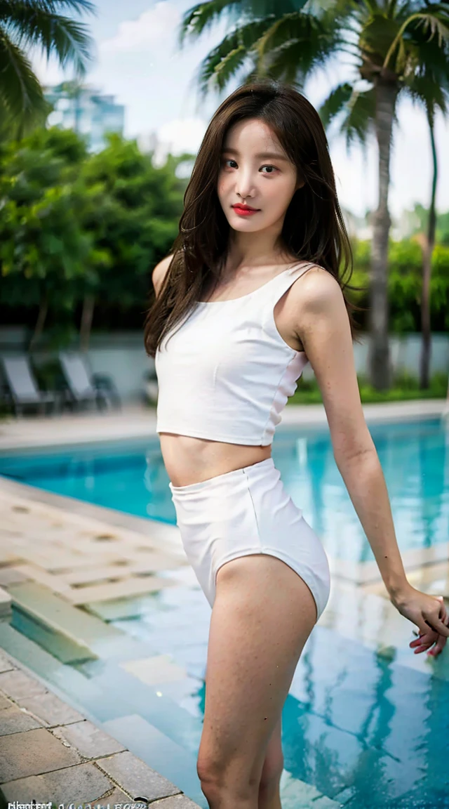 ((Best image quality)、Korean 20 years old, Private luxury mansion,nfsw, high resolution, Natural and smooth implementation, head and body balance、perfect body beauty:1.4、slim、thin legs、((dark brown hair、very :1.2)), naked, wearing only a swimsuit, very 상세한 얼굴 및 피부 질감、eye for detail、shy smile、with legs spread、variety of swimsuits , lighting areola、Aiming to become a gravure idol、top quality、reality、 exposed groin、cute appearance、angle from below、small ass、K-pop makeup、embarrassed expression、thin waist, White and clear skin, cute belly fat, chubby, Narrow pelvis,  Slander type, private swimming pool, Popular hairstyles for long hair, skinny body type, young body type, Small pelvis, small shoulder, 