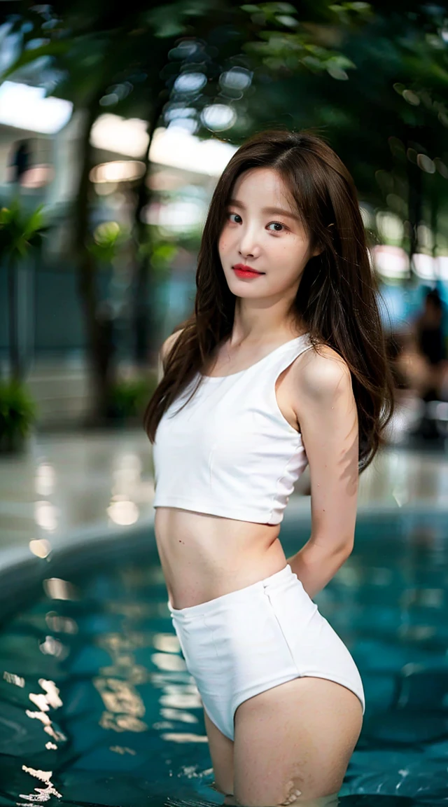 ((Best image quality)、Korean 20 years old, Private luxury mansion,nfsw, high resolution, Natural and smooth implementation, head and body balance、perfect body beauty:1.4、slim、thin legs、((dark brown hair、very :1.2)), naked, wearing only a swimsuit, very 상세한 얼굴 및 피부 질감、eye for detail、shy smile、with legs spread、variety of swimsuits , lighting areola、Aiming to become a gravure idol、top quality、reality、 exposed groin、cute appearance、angle from below、small ass、K-pop makeup、embarrassed expression、thin waist, White and clear skin, cute belly fat, chubby, Narrow pelvis,  Slander type, private swimming pool, Popular hairstyles for long hair, skinny body type, young body type, Small pelvis, small shoulder, 