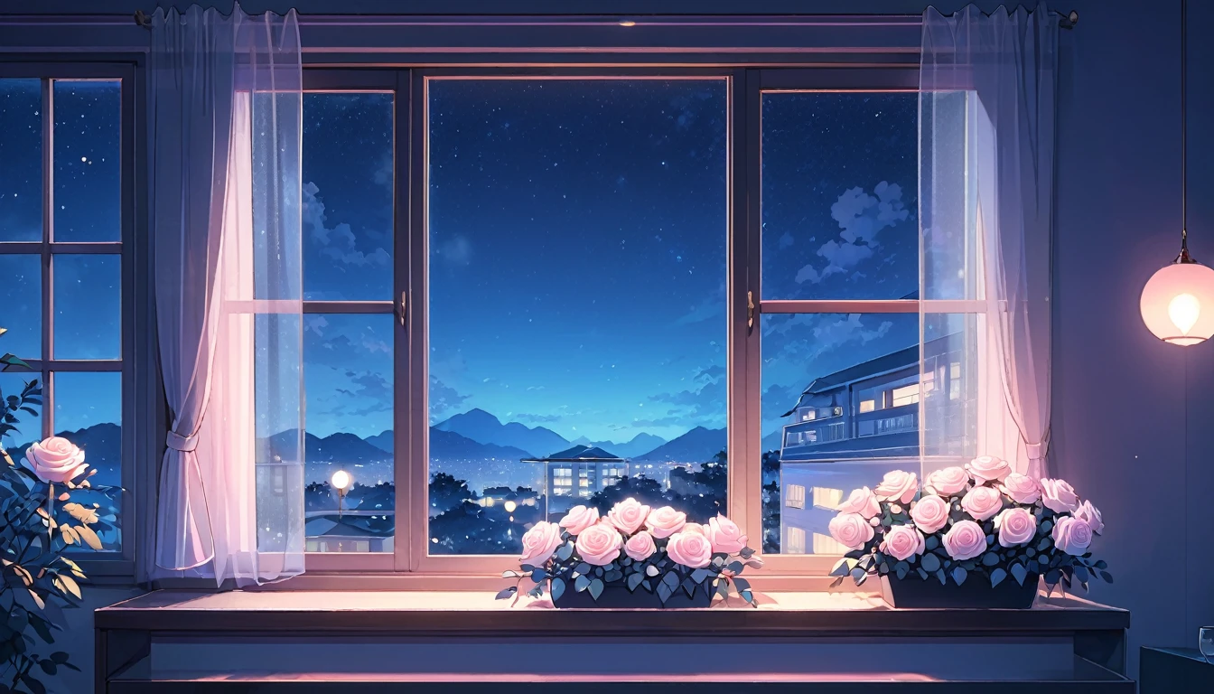 Resort Hotel Windows、Pastel tones、Beautiful silver roses on the window sill。lofi、Night view、Night atmosphere、light up