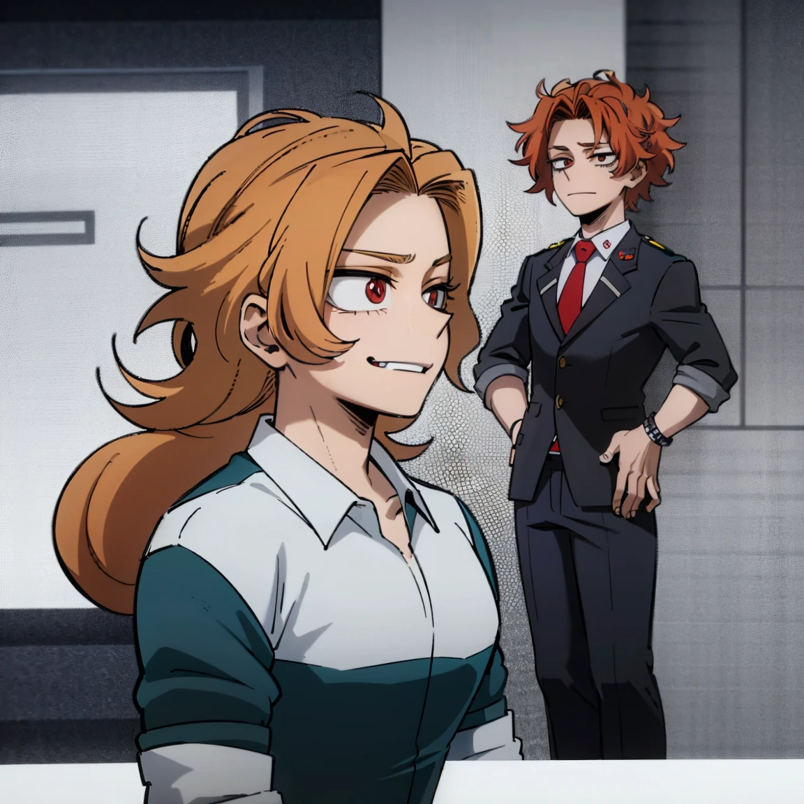 1boy, male focus, boku no hero academia, masterpiece, best quality, very aesthetic, absurdres, short curly hair, orange hair, magenta eyes, smirk, gray jacket, red tie, white shirt, teal pants, boots 