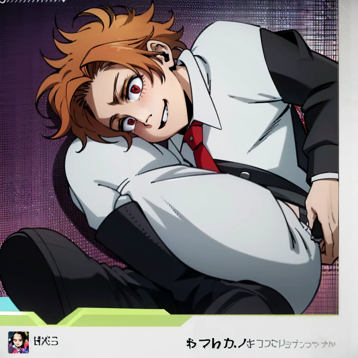 1boy, male focus, boku no hero academia, masterpiece, best quality, very aesthetic, absurdres, short curly hair, orange hair, magenta eyes, smirk, gray jacket, red tie, white shirt, teal pants, boots
