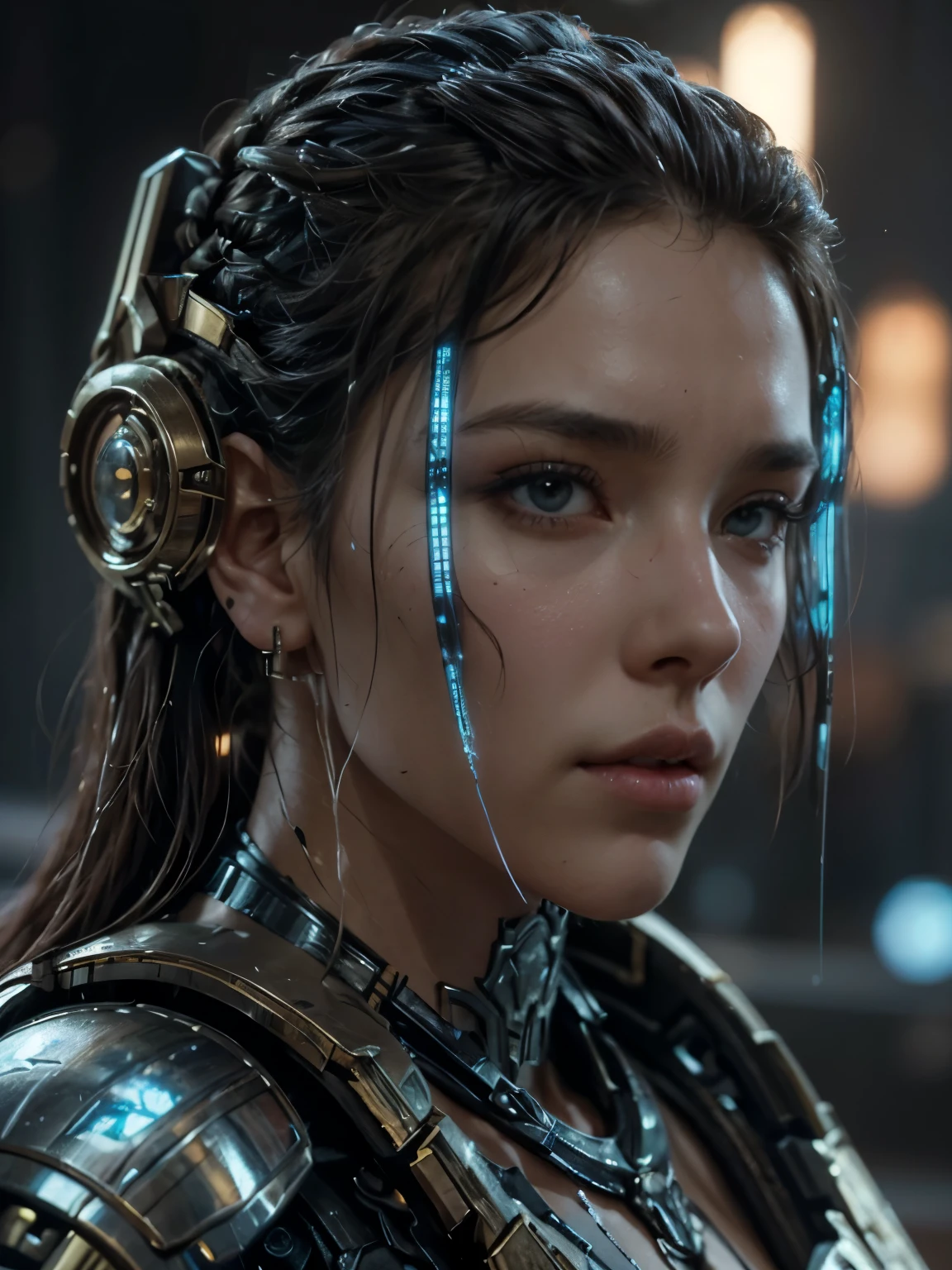 Tcyberpunk portrait of a female as a warrior cyborg, diffuse lighting, fantasy, intricate, elegant, highly detailed, lifelike, photorealistic, digital painting, artstation, illustration, concept art, smooth, sharp focus, art by john collier and albert aublet and krenz cushart and skunkyfly and alphonse mucha