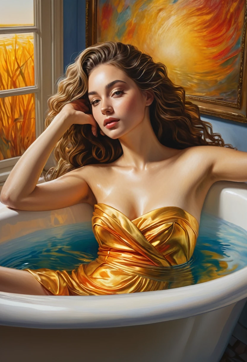 In an impeccably detailed masterpiece, a young woman reclines in a bathtub, her hand raised in a salute. The hyperrealistic painting captures the viewer's attention with its vivid colors and lifelike textures. Her flowing hair cascades around her like liquid gold, the water in the tub reflecting the warm glow of the setting sun. Every brushstroke is a testament to the artist's skill and precision, creating a work of art that is truly unparalleled in its realism and quality.
