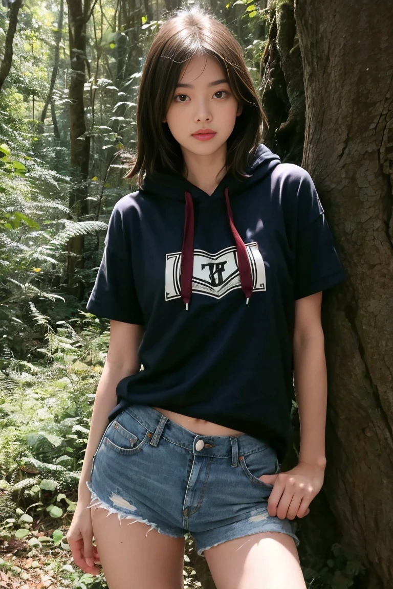 deux femmes ensemble sexy et mince de 18 ans , dans la forêt , short sleeve hoodie et short en jean , position sexy , position sensuelle, se touche ,