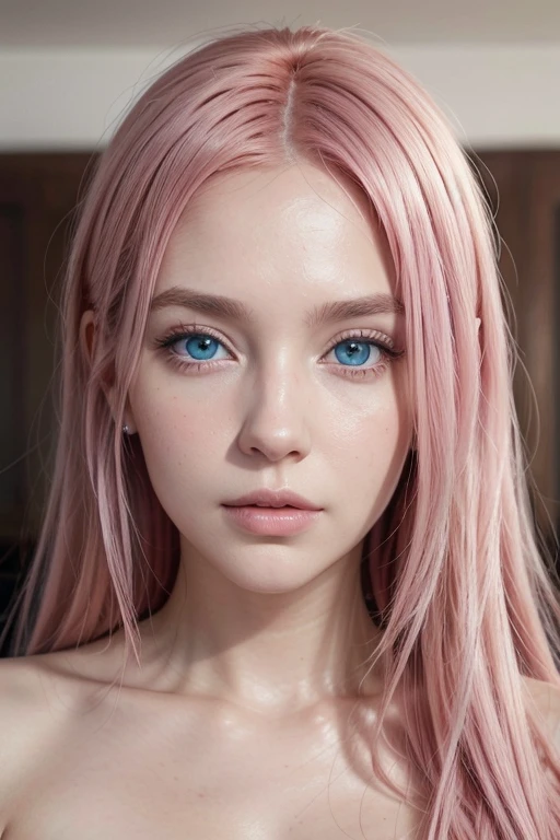 realistic portrait photo of beautiful woman with pink hair, spanish, influencer, blue eyes, no makeup, instagram, UHD, high details