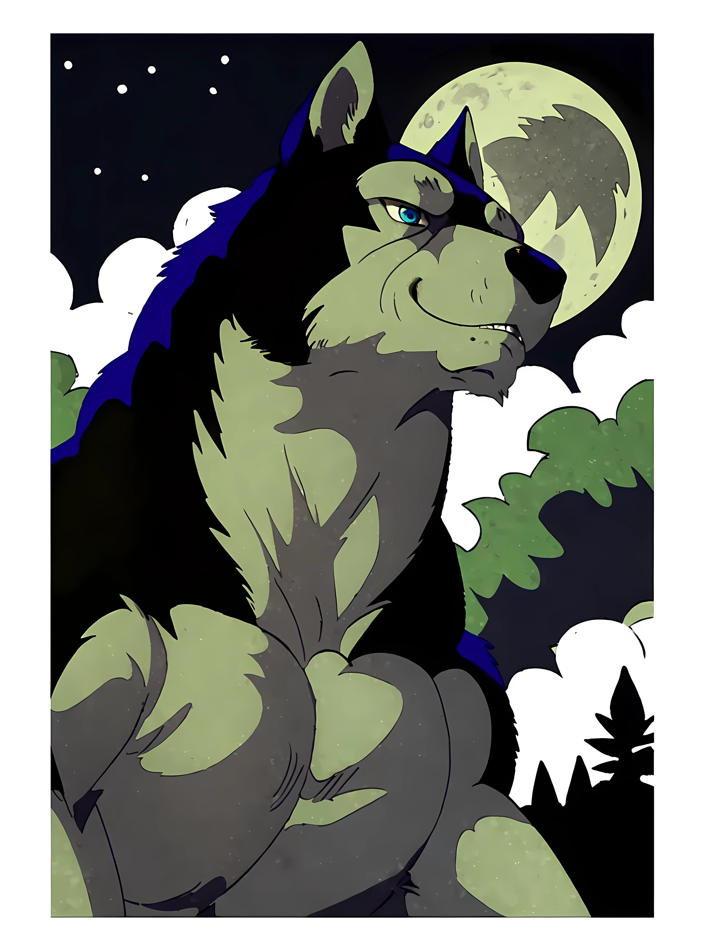 kisaragi (ginga), male, masculine, feral body, half body, (muscular forelegs, muscular neck, muscular shoulders, muscular):1.5, pectorals, bright highlights, (night, big full moon, stars, forest background):1.2, heavyweight, detailed, high quality, best resolution, solo, posing, standing, by wfa, by taran fiddler, by echin:0.5, cel shaded, proud, majestic, detailed eyes, blue eyes, stern eyes, smile