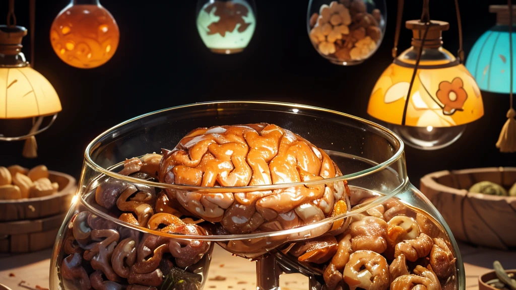 human brain stored in a glass jar, in a canibal market, dirt ground, dawn time,