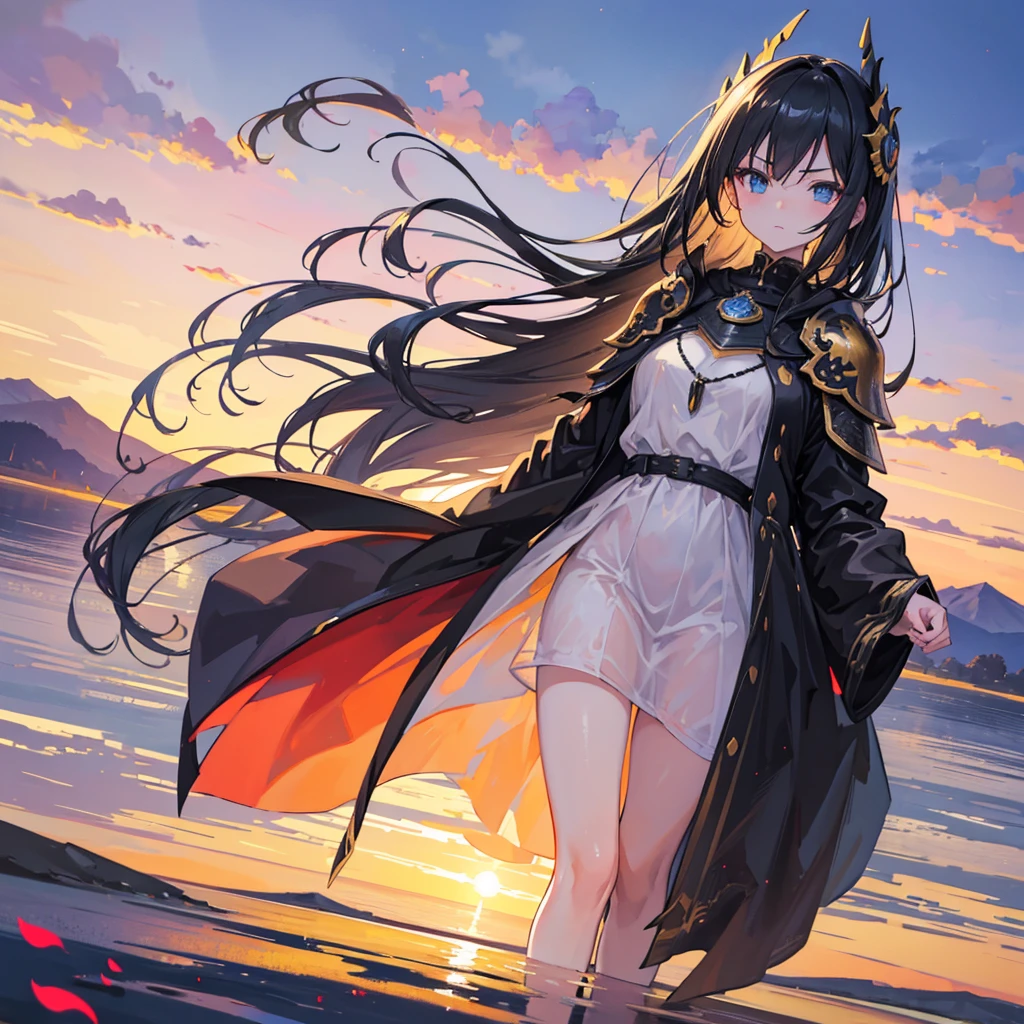 1 girl, serene expression, mesmerizing eyes, wearing black full black knight armor and full-face knight helmet, wearing knight face mask, standing in the middle of a vast flower field, angry face, black hair, blue eyes, poised posture, porcelain skin, subtle blush, crystal pendant BREAK golden hour, (rim lighting):1.2, warm tones, sun flare, soft shadows, vibrant colors, painterly effect, dreamy atmosphere BREAK scenic lake, distant mountains, willow tree, calm water, reflection, sunlit clouds, peaceful ambiance, idyllic sunset, ultra detailed, official art, unity 8k wallpaper , zentangle, mandala, angry face