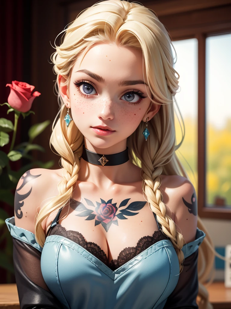 SFW,highest quality, elsa from frozen, backlighting,black choker,blurry background,blush,closed mouth,collarbone,earrings,forehead,freckles,hair over shoulder,jewelry,looking down,pointy nose,lips glossy,shadow,solo,thick eyebrows,thick eyelashes,upper body,,tattoos,tattoos on arms,black rose tattoos on neck,sun beams,warm light,cozy,((masterpiece)),