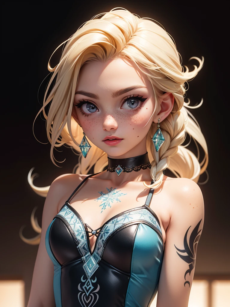 SFW,highest quality, elsa from frozen, backlighting,black choker,blurry background,blush,closed mouth,collarbone,earrings,forehead,freckles,hair over shoulder,jewelry,looking down,pointy nose,lips glossy,shadow,solo,thick eyebrows,thick eyelashes,upper body,,tattoos,tattoos on arms,black rose tattoos on neck,sun beams,warm light,cozy,((masterpiece)),