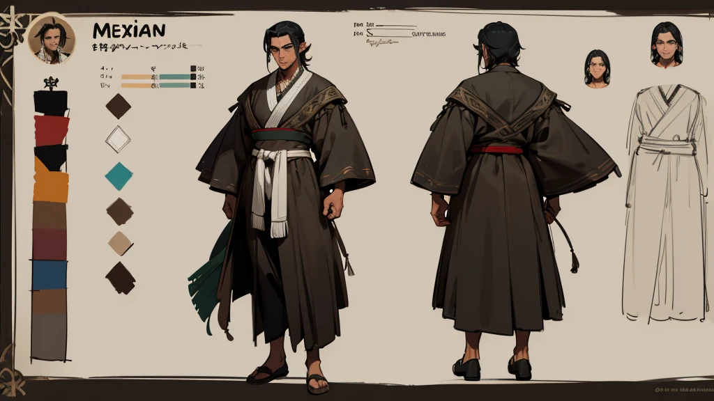 He is an adult indigenous man with Mexican features, and sun-kissed brown skin. His short black hair contrasts with his intense, expressive dark eyes. High, well-defined cheekbones complement his sharply contoured face. His pointed ears add a unique and distinctive detail to his appearance. He exudes a strong, serene presence, deeply connected to his cultural roots, Full body, master piece, character sheet, character sheet, character sheet.