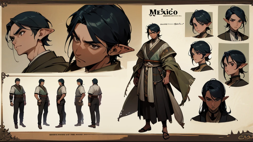 He is an adult indigenous man with Mexican features, and sun-kissed brown skin. His short black hair contrasts with his intense, expressive dark eyes. High, well-defined cheekbones complement his sharply contoured face. His pointed ears add a unique and distinctive detail to his appearance. He exudes a strong, serene presence, deeply connected to his cultural roots, Full body, master piece, character sheet, character sheet, character sheet.