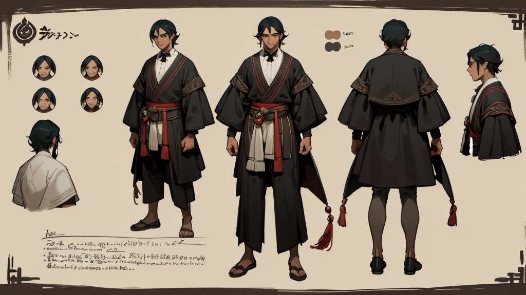 He is an adult indigenous man with Mexican features, and sun-kissed brown skin. His short black hair contrasts with his intense, expressive dark eyes. High, well-defined cheekbones complement his sharply contoured face. His pointed ears add a unique and distinctive detail to his appearance. He exudes a strong, serene presence, deeply connected to his cultural roots, Full body, master piece, character sheet, character sheet, character sheet.