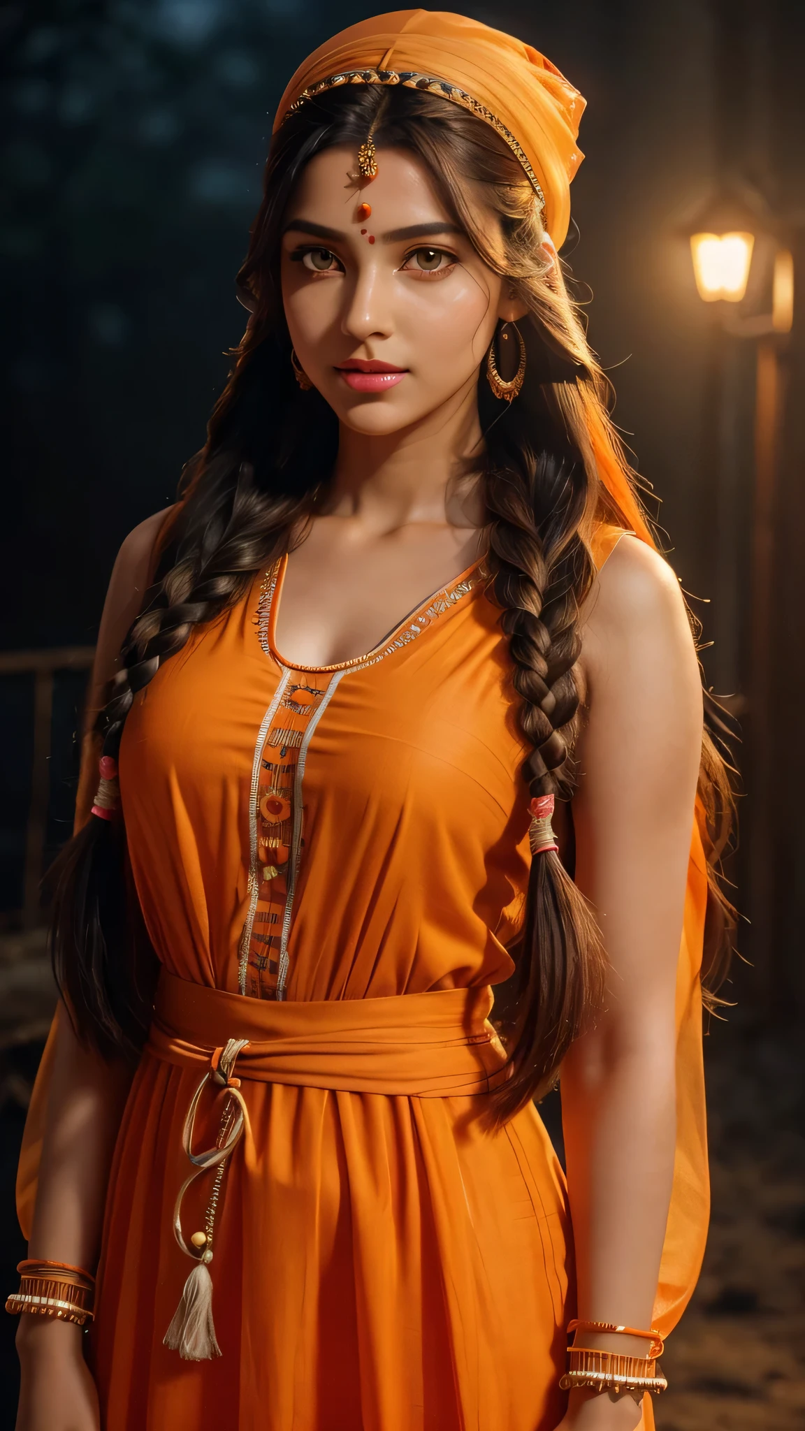 Beautiful girl, 25yo girl, beautiful orange kurti dress, covering her body with transparent chunari, (orange bindi on head), dur daytime, yamamura, calm and cool, Detailed body, ((white skin)), Detailed face, ((orange eye)), (glowing pupils), ((pink lips)), sharp nose, shiney body, Gorgeous, A hyper-realistic, Charming, beautiful, Long braided hair, Ambient lighting, Foggy, Winters, Detailed background, Volumetric lighting, Shadow, 8K