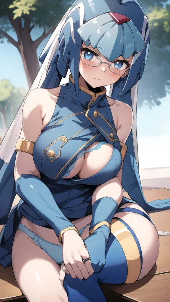 Leviathan_Megamanz, 1 Girl, looking at viewer, blue hair, Blue eyes, Tree background , Blushed , Dress , Wedding ring, Leaning on a table , Glasses , sharped Eyes, Torn clothes , Panties and bra on the table 